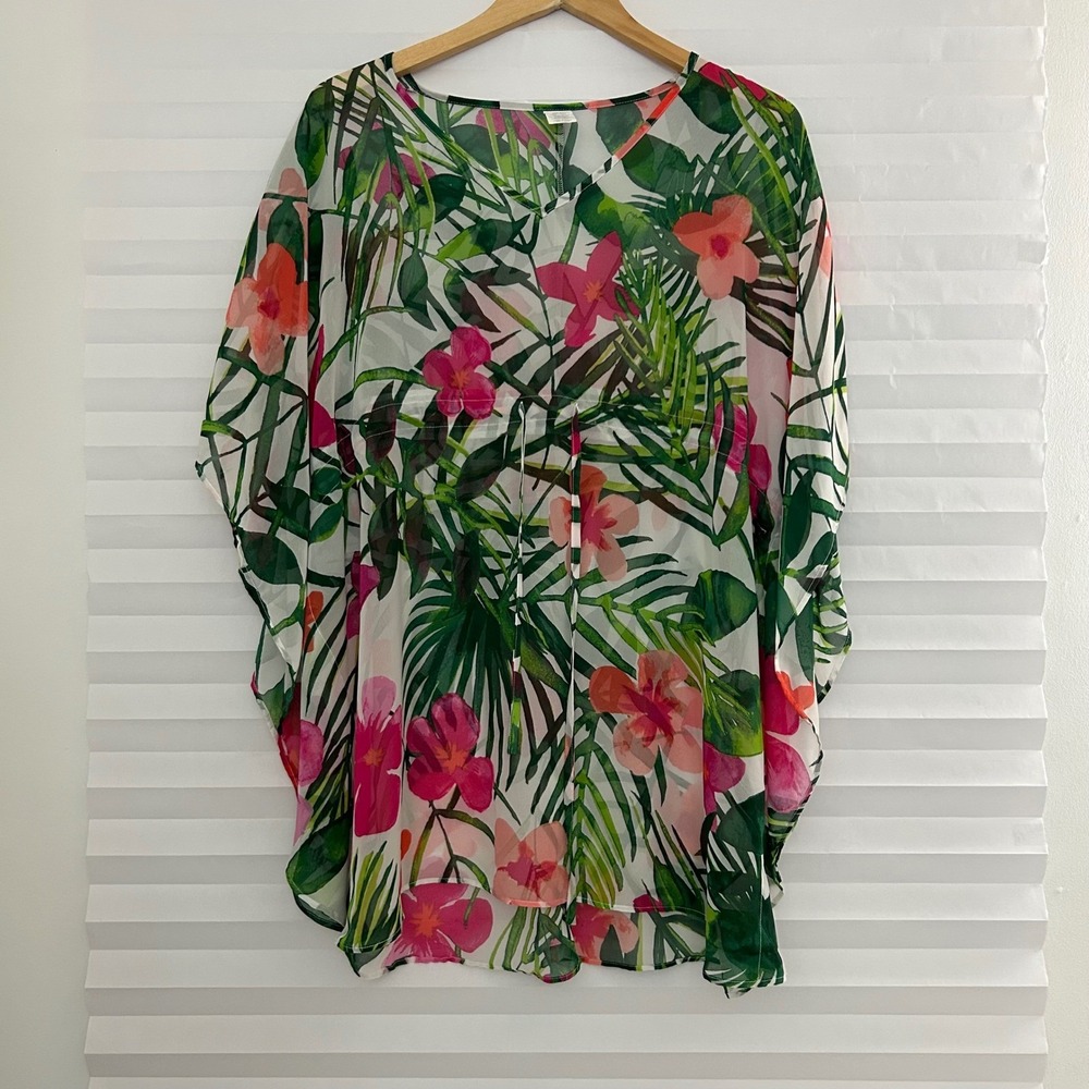 West Loop Womens Tropical Floral Kaftan Swim Cover Up Pink Green One Size